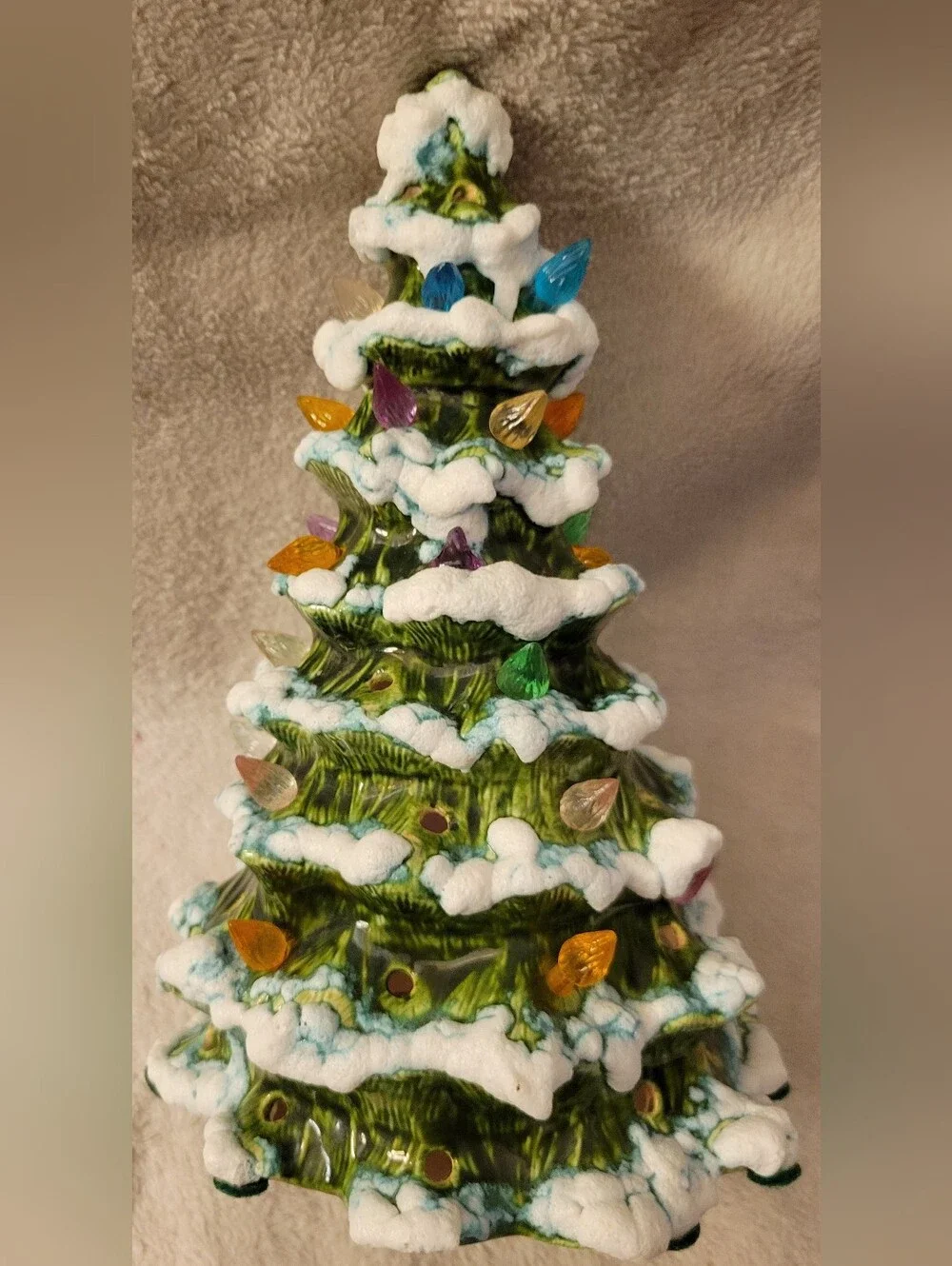 Vintage Ceramic Snowy Christmas Tree with Colorful Bulb Lights - Home Holiday